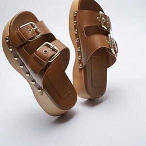 Zara Wood Platform Leather Buckle Slide Size 38 EUC